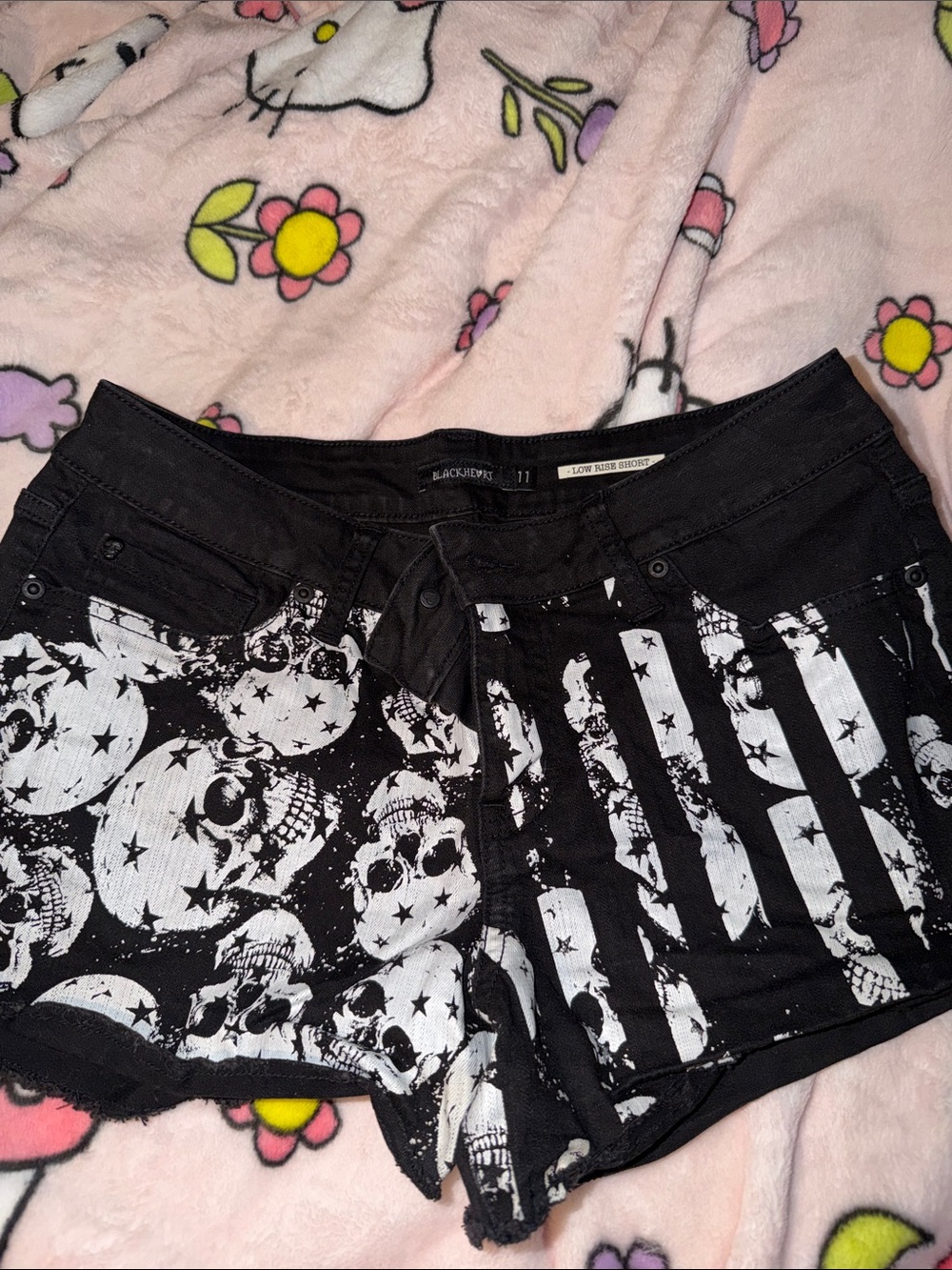 Blackheart Women's Black & White Skull Flag Jean Shorts